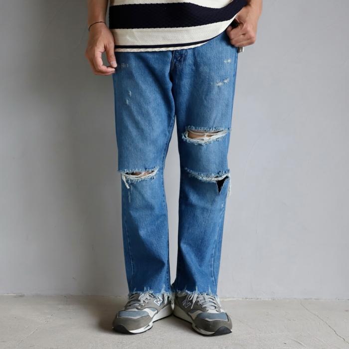インディゴ ダメージ加工 ストレートジーンズ ダメージ加工インディゴブルーストレートジーンズ