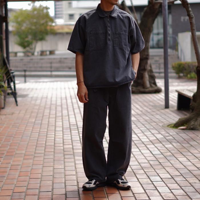 FOURBARS ヴィンテージ　黒 半袖プルオーバー　ハーフジップ　レザーシャツ alvana（アルヴァナ） トップス ブラック ツイル ハーフジップ 半袖