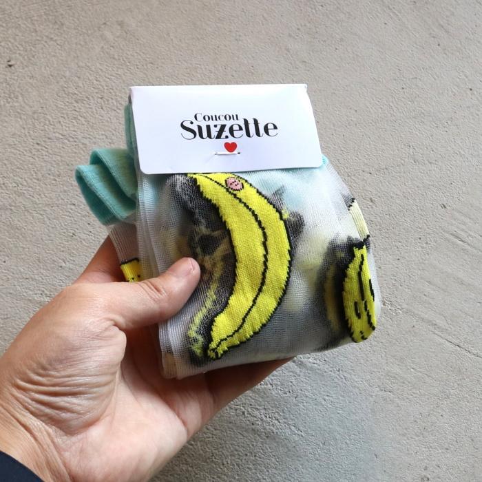 ククシュゼット 正規商品 靴下 レディース シースルー かわいい フルーツ  Coucou Suzette バナナ シアー ソックス Banana Sheer Socks イエロー× ブルー｜charger｜08