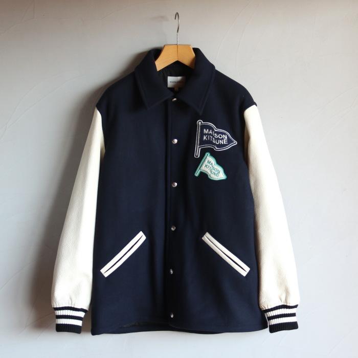 メゾンキツネ アウター MAISON KITSUNE レザー スリーブ ロゴ パッチ バーシティ ジャケット LEATHER SLEEVE STADIUM JUMPER インクブルー 2023秋冬新作｜charger｜11