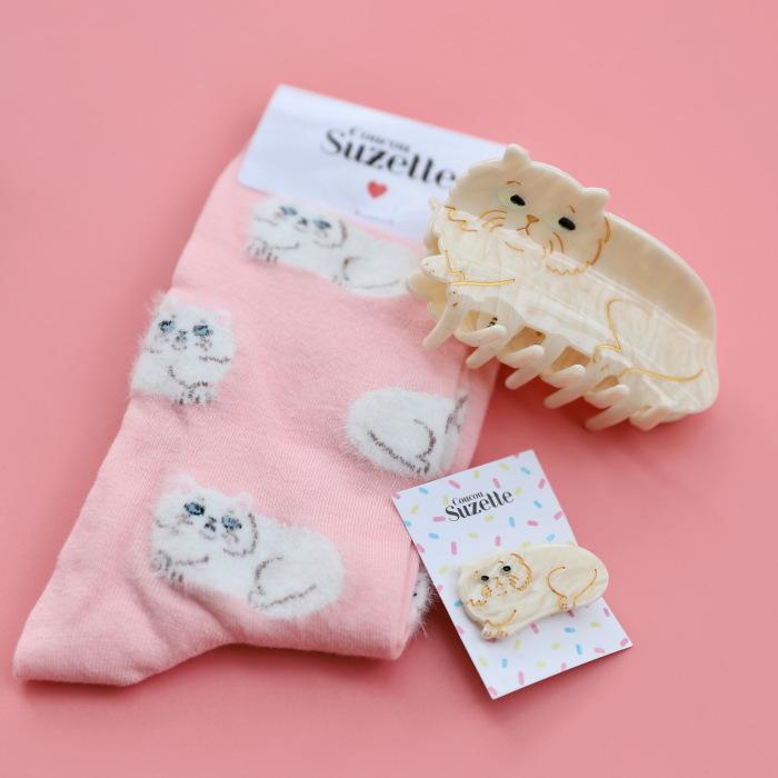 新品タグ付きソックスセットピンク　ベアジャガードワンピース ククシュゼット 正規商品 靴下 レディース かわいい 猫 クルー丈