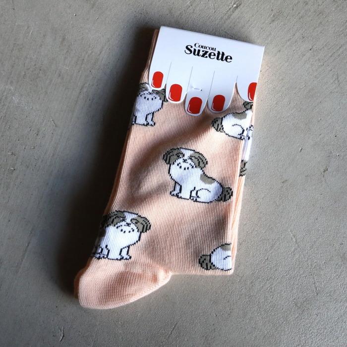 ククシュゼット 正規商品 靴下 レディース おしゃれ かわいい 犬 ギフト Coucou Suzette  シーズー ソックス Shih Tzu Socks サーモンピンク Salmon Pink｜charger｜06