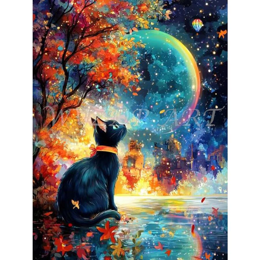 ダイヤモンドアート 黒猫 月夜 幻想的 猫 月 夜 ビーズ キット 5D