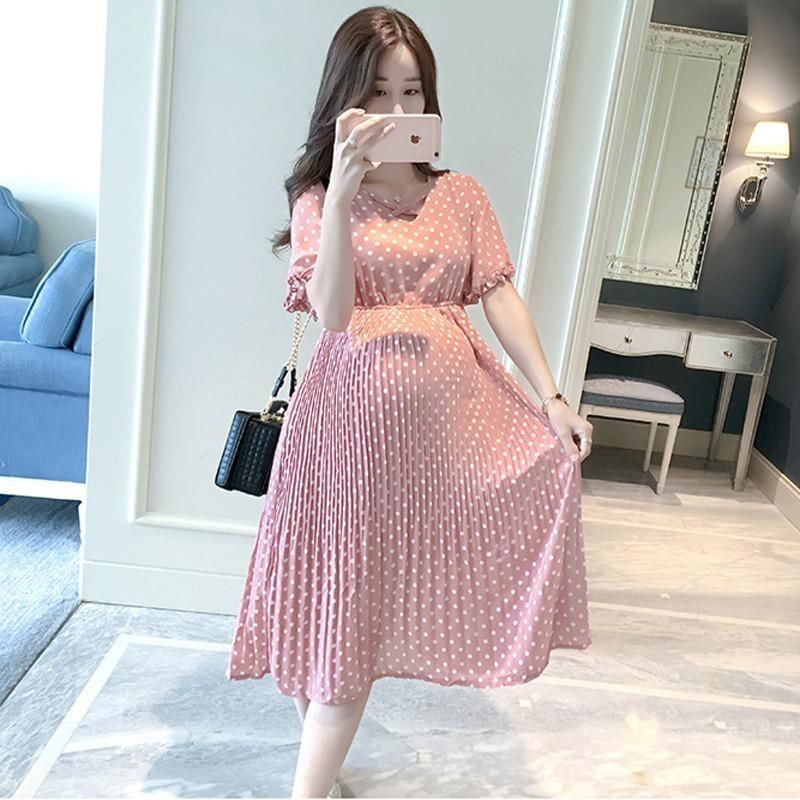 マタニティ ワンピース 妊婦服 夏 ドット 水玉 ピンク プリーツスカート Sk Charlies 通販 Yahoo ショッピング