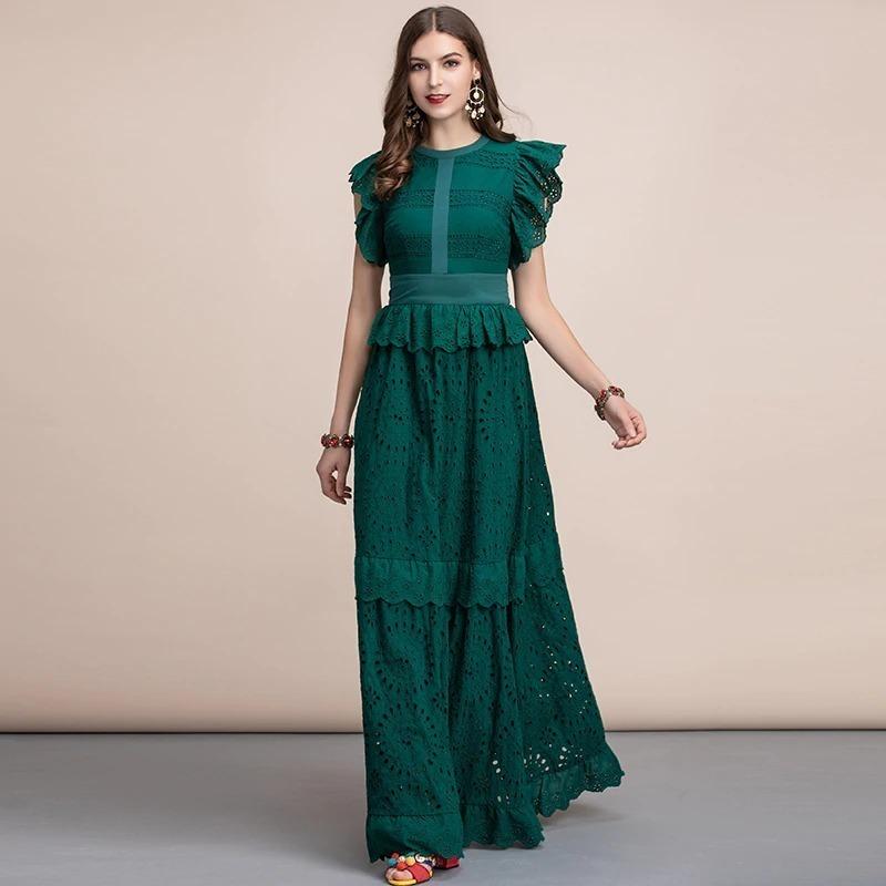 秋冬 レディース ドレス ロングワンピース フリル袖 コットン パーティー 結婚式 おすすめ グリーン