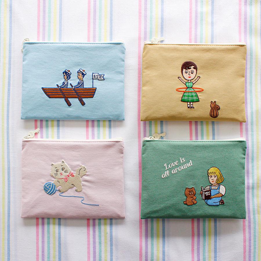 ポーチ かわいい おしゃれ 刺繍 メーク メイク コスメポーチ コットン イラスト 財布 ウォレット ケース 韓国 1537 | 