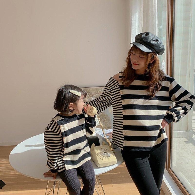 親子コーデ 春夏親子ペアルック親子ワンピース親子ペア親子お揃いストライプ レディース長袖tシャツ韓国風シャツブラウス女の子 男の子カジュアル 家族旅行 無料配達