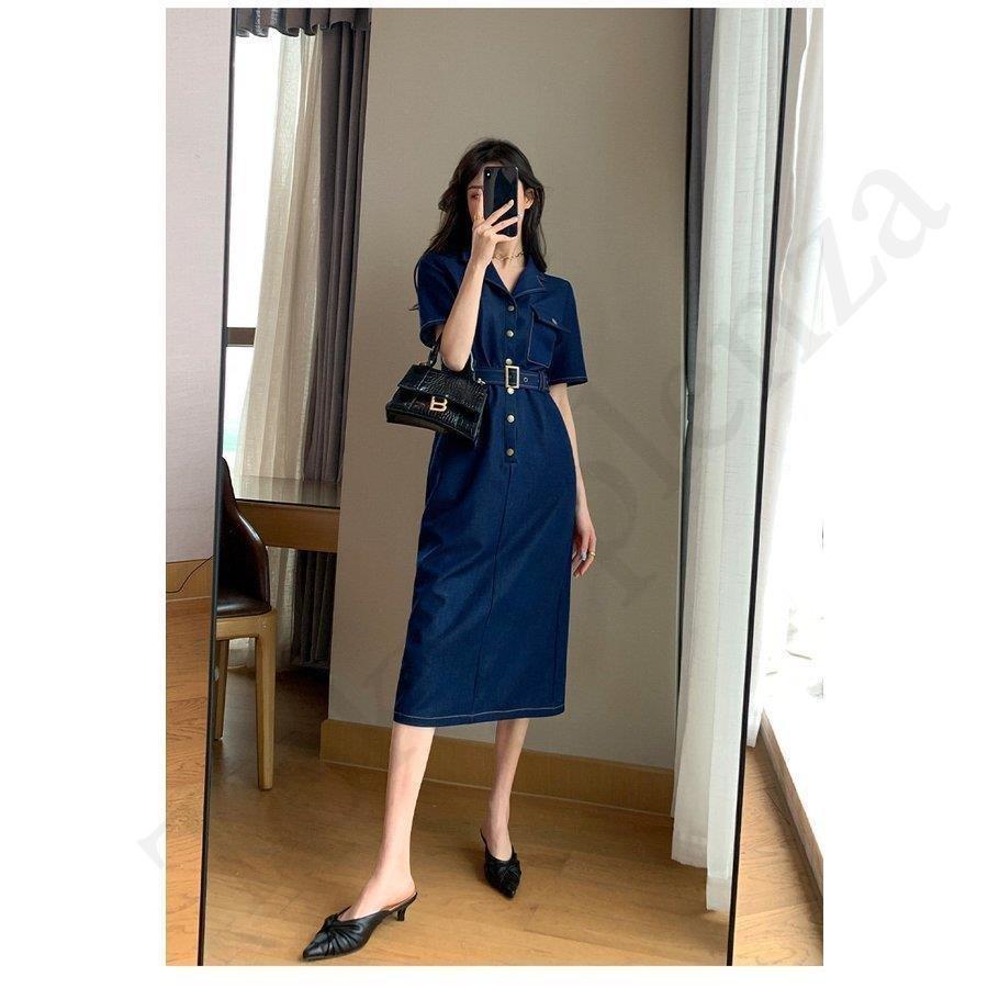 シャツワンピース レディース マキシワンピース 春夏新作 半袖ワンピース デニム Aラインスカートオシャレ 大人 カジュアル 安価