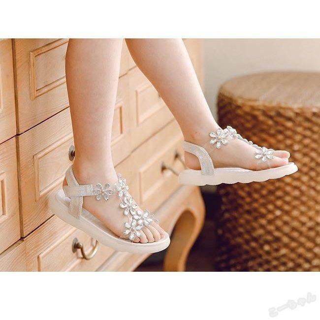 女の子サンダルキラキラダイヤ花柄女児夏サンダルフラット底子供シューズ夏姫系サンダルゴージャスキッズサンダルおしゃれ 中古