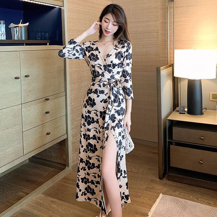 Vネック 総柄 シフォン 夏 レディース ワンピース ロング 40代 30代 代 きれいめ ゆったり 大人 着やせ 結婚式 可愛い 通勤着 スリット ドレス マキシ丈 ワンピース 一部予約販売