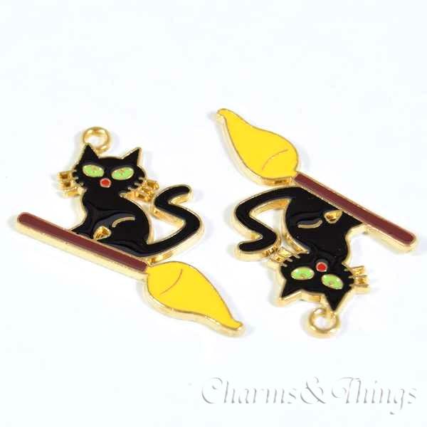 ほうきに乗ったネコ ねこ チャーム (2個入) アクセサリー パーツ 猫 