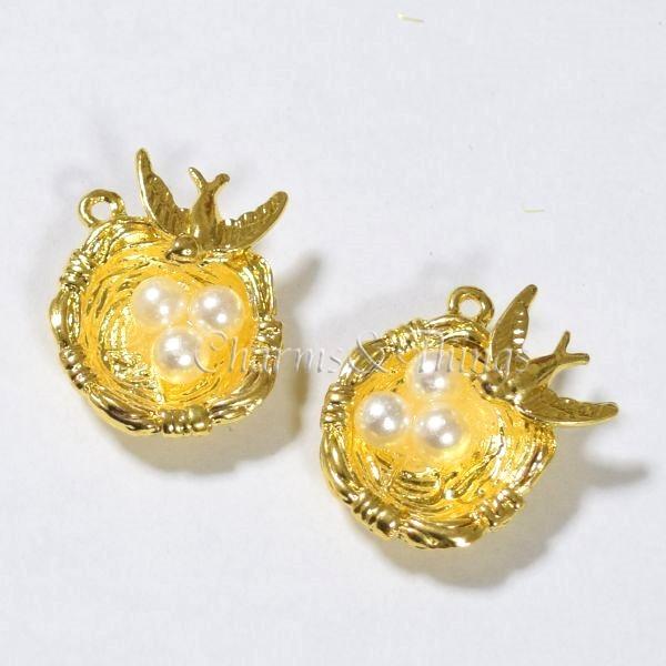 真珠の卵 小鳥の巣 チャーム (2個入り) アクセサリーパーツ 