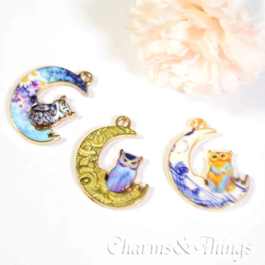 三日月 ふくろうう チャーム ミミズク（2個入り）アクセサリーパーツ 