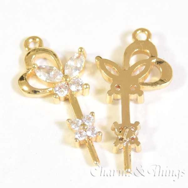 蝶 花 かぎ パーツ ジルコニアハート KEY チャーム 鍵 (2個入り 