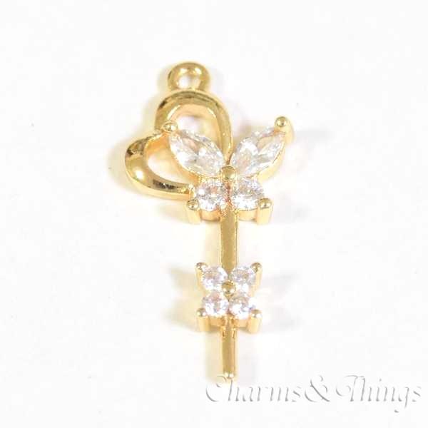 蝶 花 かぎ パーツ ジルコニアハート KEY チャーム 鍵 (2個入り 