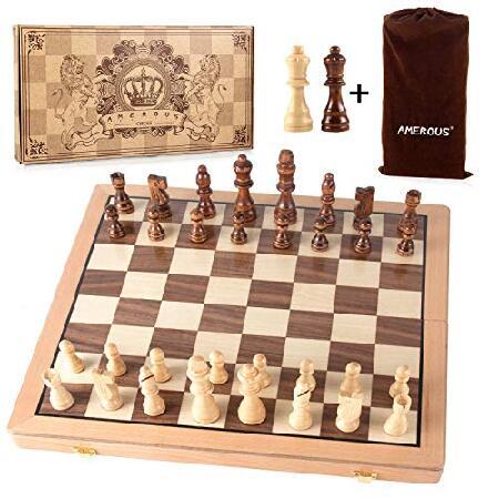 AMEROUS 磁気木製チェスセット 15インチ ハンドメイド 木製 折りたたみ トラベルチェスボードゲームセット チェスメン収納スロット付き 子供と チェス