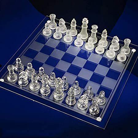 QXMR Glass Chess Set Frosted Polished Chess Board Crystal Chess Pieces, for チェス