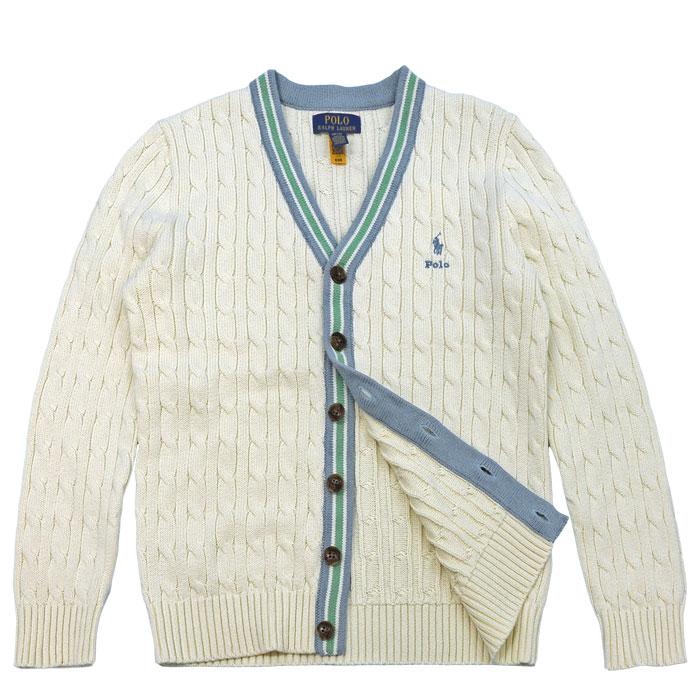 ラルフローレン パステルカラーのライン入り カーディガン ホワイトアイボリー L カシミヤ POLO RALPH LAUREN ポロラルフローレン 裾ポニー 刺繍 V