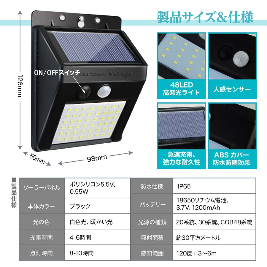 ソーラーライト LEDセンサーライト 人感センサーライト 屋外 48LED COB IP65防水 防犯 駐車場 玄関 庭 カーポート | ブランド登録なし | 01