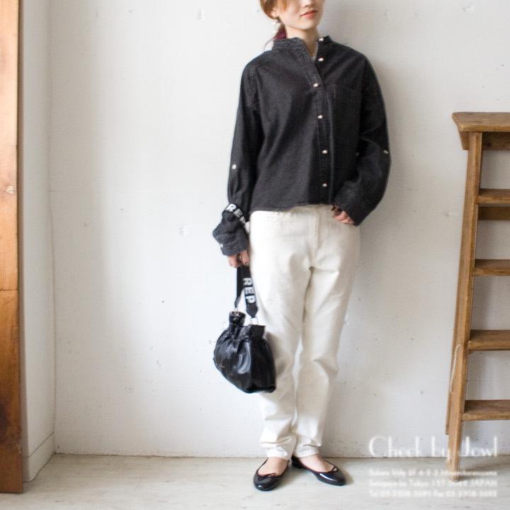 blanc basque（ブランバスク） パールボタンデニムシャツ ブラック