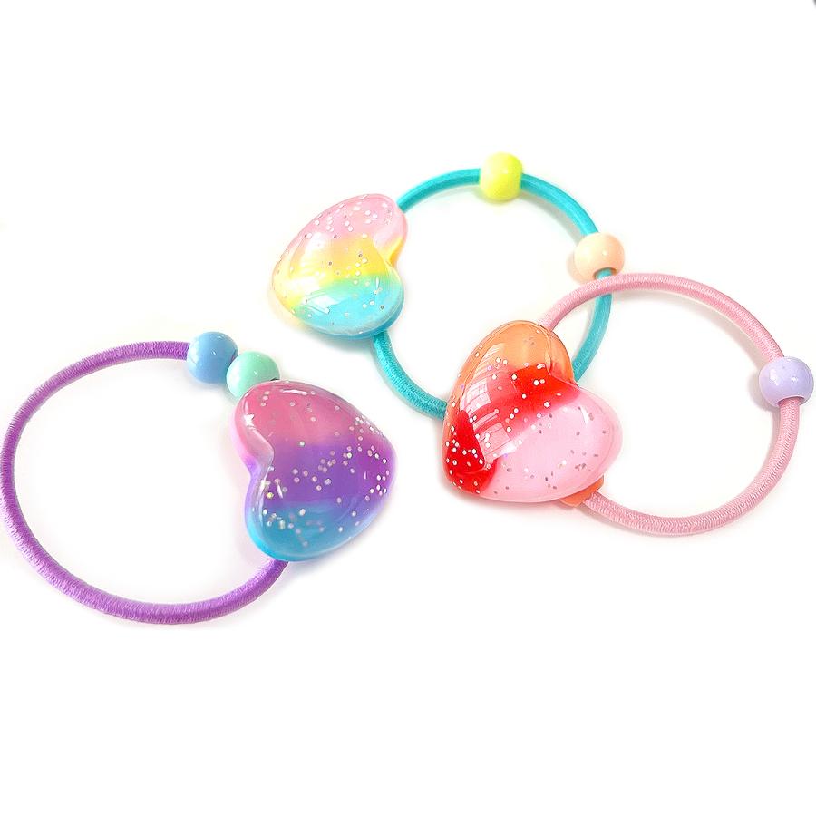 ヘアゴム 女の子 ハート ラメ カラフル 3個 手作り おしゃれ ビーズ