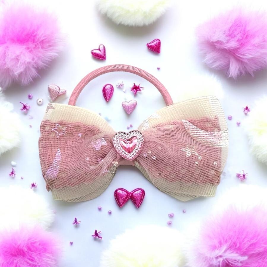ヘアゴム リボン 星 キラキラ レース ピンクハートチャーム付き キッズ