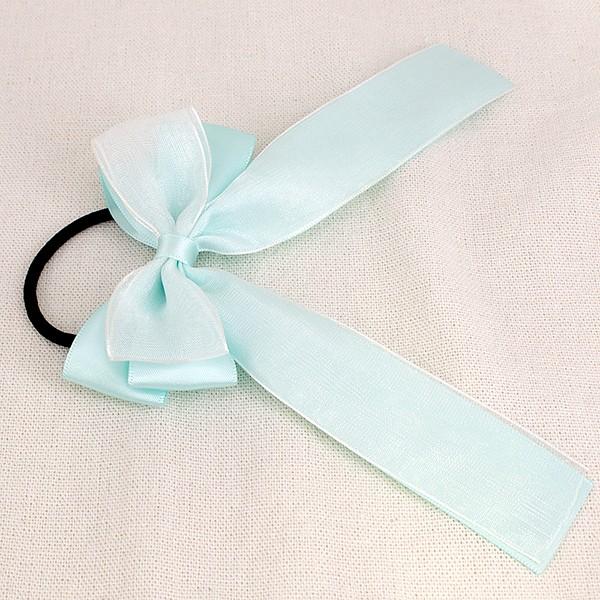 マーメイド ひらひらリボン♡ツイン♡ヘアゴム♡グリーングラデ キッズ用 オーガンジー/サテンリボンのひらひらヘアゴム