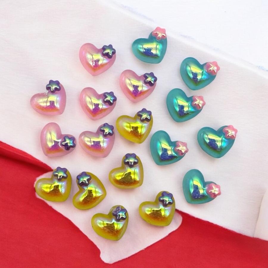 ハート型アクリルパーツ 虹色オーロラ加工 星付き 6個セット