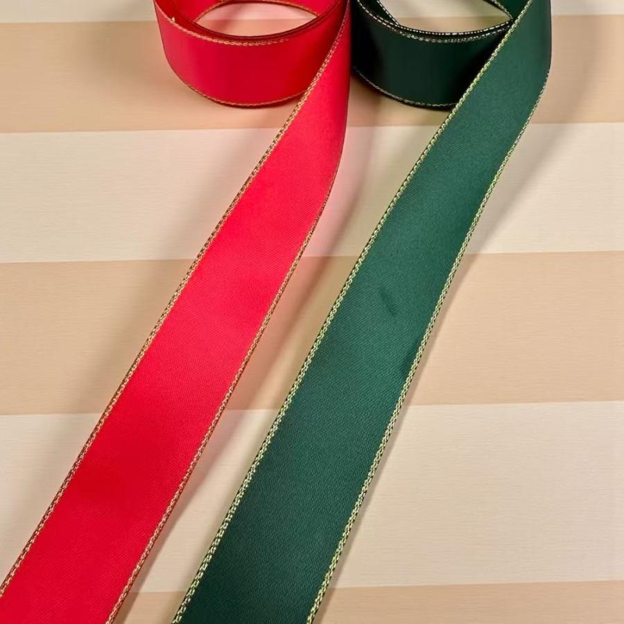 リボン サテン 2.5cm幅 1m×4本 ゴールド縁取り グリーン レッド