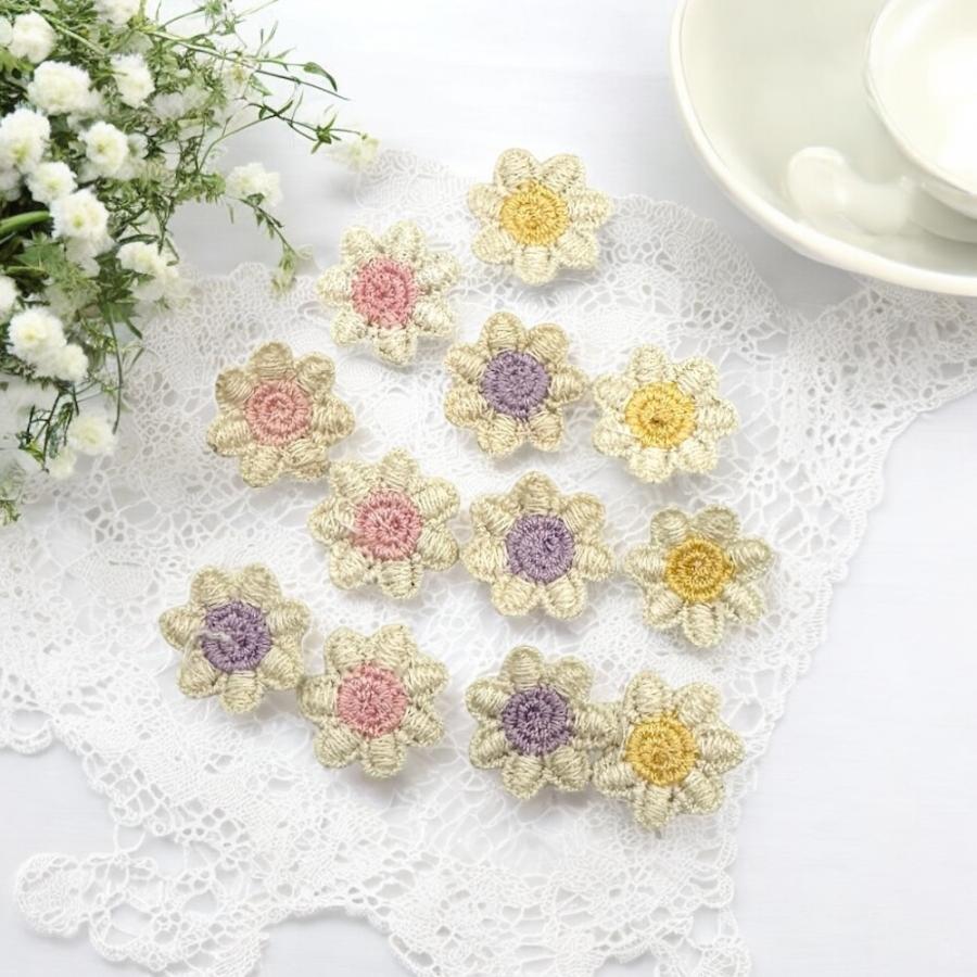 レース編み 花ワッペン 4枚セット 2cm ポリエステル