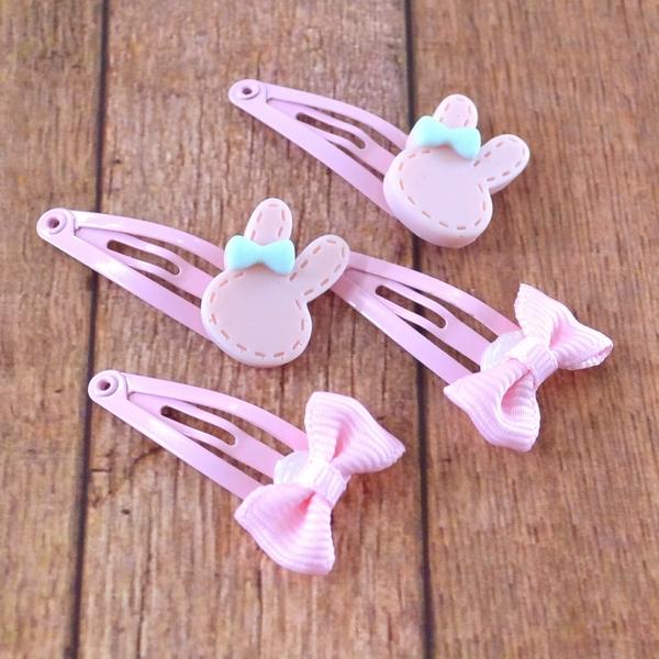 キッズ用 うさぎとリボンのヘアピンセット ２ペア ヘアアクセサリー 子供 可愛い ゆめかわ