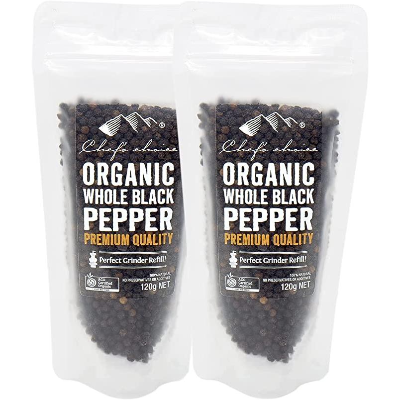 シェフズチョイス オーガニック ブラックペッパー 120g × 2袋 詰め替えタイプ 有機JAS Kosher認証 黒胡椒 黒コショウ