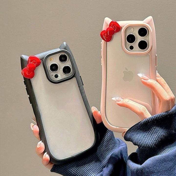 iPhone15 ケース ネコ耳 リボン 14 Pro Max クリア かわいい 2色