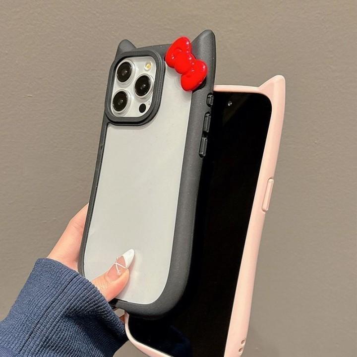 iPhone15 ケース ネコ耳 リボン 14 Pro Max クリア かわいい 2色