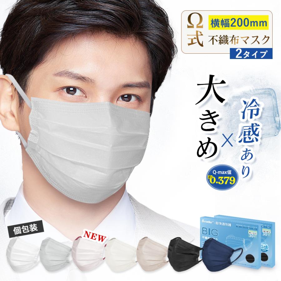 爆売れ中★冷感マスク 不織布 大きめ Ω式プリーツ 立体マスク 大きいサイズ メンズ 使い捨て カラーマスク 黒 グレー 白 男 個包装30枚 耳痛くない 花粉対策（Yahoo!・誠心商事）