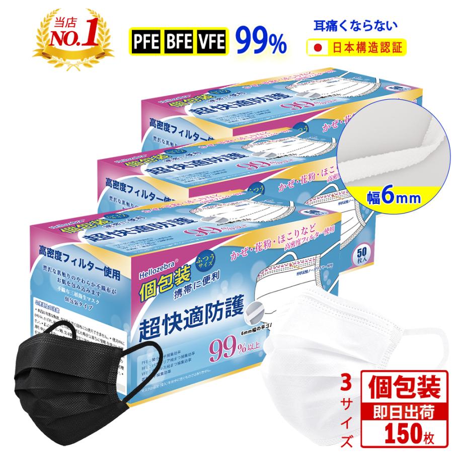 高品質！マスク 不織布 立体 プリーツ 個包装 50枚×3箱 使い捨てマスク