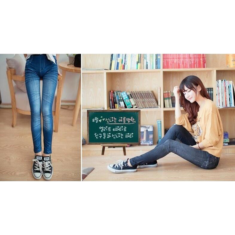 デニム風レギンス イレギュラーポケット柄 伸縮ストレッチ素材