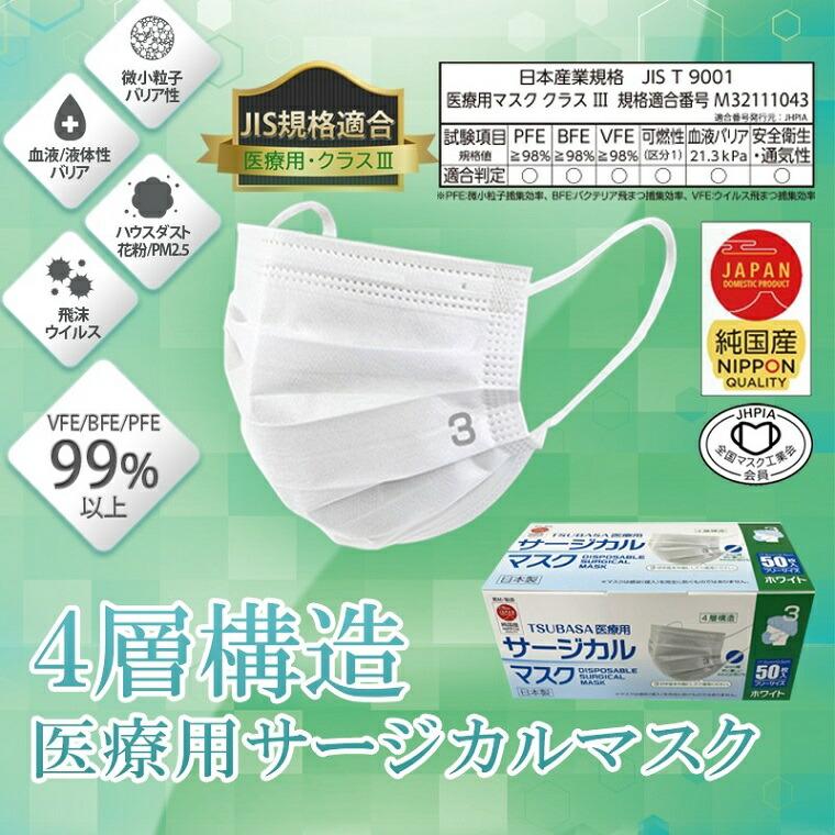 サージカルマスク 医療用 日本製 4層 JIS T9001適合審査合格品 マスク