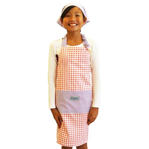 エプロン 160cm(三角巾付き) ピンクチェック×パープルチェック 日本製