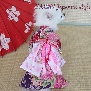 オーダーメイド犬服の着物花舞パープル舞妓帯（帯電防止加工裏地