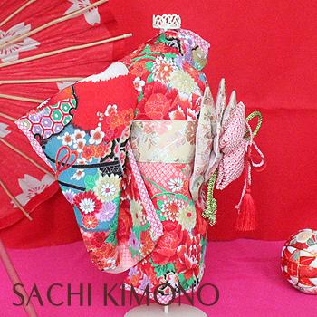 オーダーメイド犬服の着物花車絞り柄一越ちりめん着物レッド 28cm Mサイズ 首周り24 41cm