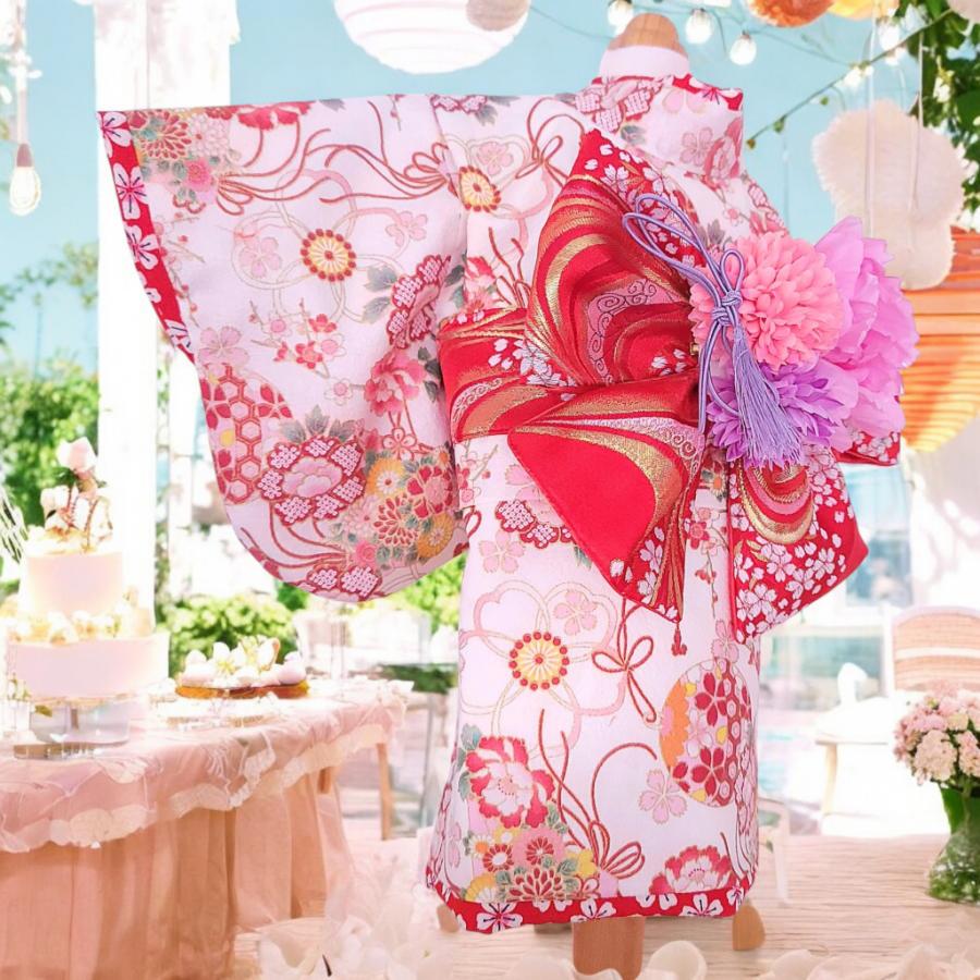 オーダーメイド犬服の着物花結びホワイト＆ピンク（帯電防止加工裏地