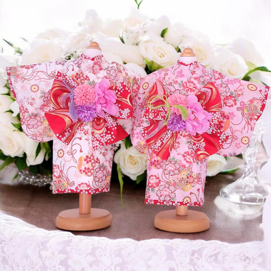 オーダーメイド犬服の着物花結びホワイト＆ピンク（帯電防止加工裏地