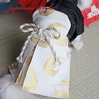 オーダーメイド犬服の着物金尽くし鶴の袴黒静電気防止加工裏地