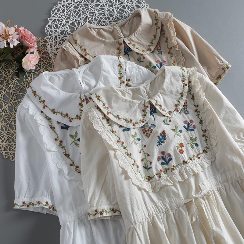 ワンピース 半袖 ワンピース チュニック 花刺繍 ナチュラル リネン 刺繍 ワンピース カフェ サマンサ レディース チェリッシュストアの
