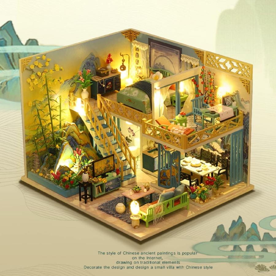 特別送料無料！ Flever Wooden DIY House Kit， Miniature with Furniture， Creative Craft Gift for Lovers and Friends (Blue＆ Green Landscape)並行輸入