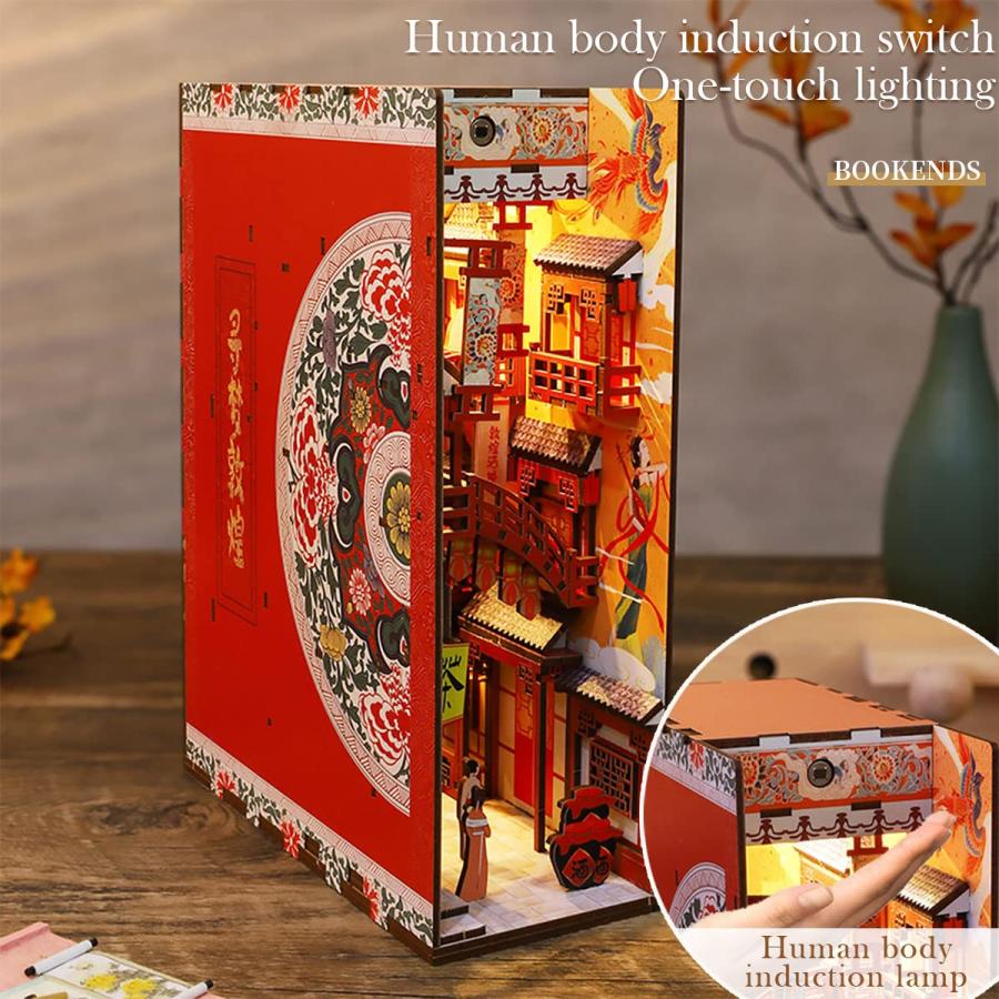 日本公式の通販 DIY Book Nook Miniature Kit， 3D Wooden Puzzle Bookshelf Insert Decor with Sensor Light Dollhouse Model Kit Ancient Chinese Architecture Decora並行輸入