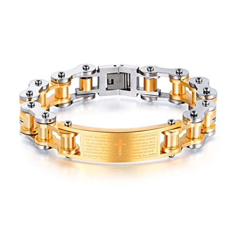 Rockyu 人気 ブランド ブレスレット メンズ チタン ゴールド シルバー 自転車チェーン腕輪 プレート 刻印 十字架 クロス 真言 メ Chez Moi 通販 Yahoo ショッピング