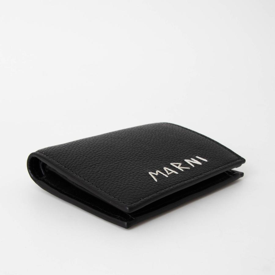 国内配送【MARNI】マルニメンディング刺しゅうロゴ/二つ折り財布 ブラウン レザー製二つ折りウォレット、マルニメンディング刺繍