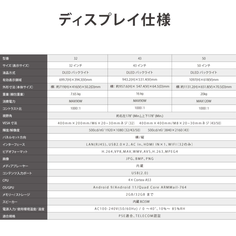 デジタルサイネージ 43/50インチ 垂直型スタンドセット 軽量